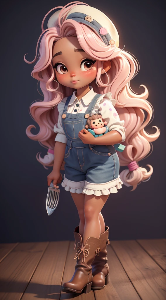 Create a series of dolls afro black skin chibi style cute baby with a cute cowgirl theme, each with lots of detail and in an 8K resolution. All dolls should follow the same solid background pattern and be complete in the image, mostrando o (corpo inteiro, incluindo as pernas: 1.5)

Boneca cowgirl: Chame-a de Mia. She should have medium wavy mixed hair. Seus olhos devem ser grandes e curiosos, with long eyelashes and slightly pinkish cheeks. Mia should be dressed in a delicate jumpsuit, cowboy boot and a polka dot blouse and a cowboy hat is cute. She must hold farm accessories. Add details like pockets and ruffles to the apron to make it even more charming, sapato bonito

Certifique-se de adicionar sombras, texturas e detalhes nos cabelos, roupas, Cute cowboy utensils, to make them even more adorable and charming.