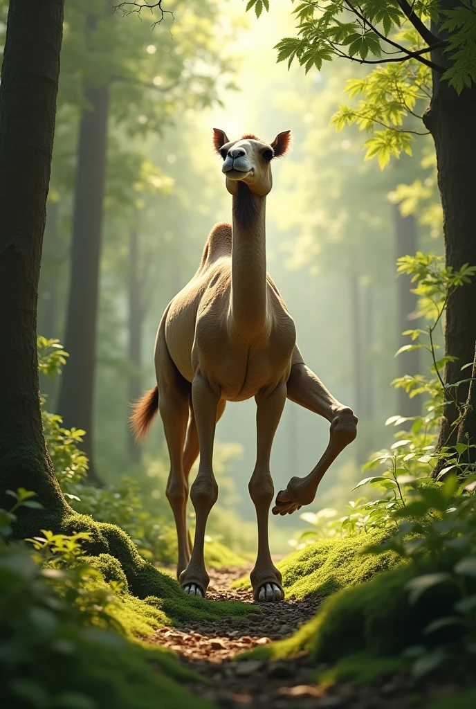 camel doing danurasana in the forest