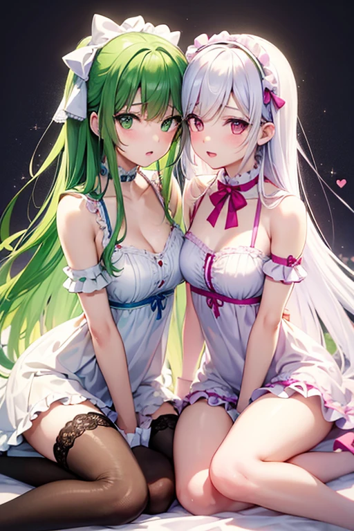 manga anime style, (ultra detailed, absolutely resolution, best quality:1.3), cute twin 18 year old girls, green medium hair, amorous and lewd face, big brown eyes, superlative body proportion, twins fashion, wearing white baggy frilly clothes, covered in tattoos, they sit together, snuggled up to each other and rub their faces together happily, background pastel colored dots and hearts, shading effects, gradation magic effects, foggy filter effects, glitter effects, 2.5D, delicate and dynamic, artistic photography, hyper realistic, graphic CG, nadeko01