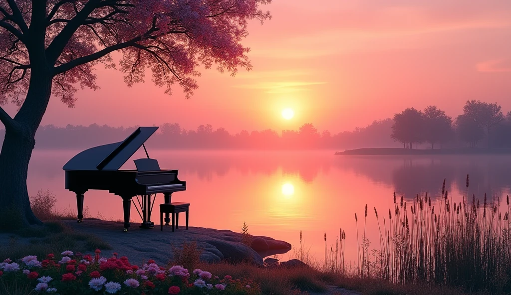 「A black grand piano on the shore、Colorful flowers on the shore、sunset、lake、lakeの中には蓮の花、reed、Silhouette tree々、Calm water surface、Pink and orange shades、A fantastic atmosphere、high resolution、8k」
「静かなlakeに咲くピンクの蓮の花、sunset空が水面に反射、Trees in the distance々Silhouette of、Fantastic landscape painting、Digital Art」