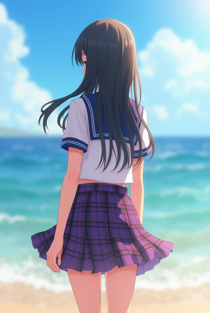 (highest quality,4K,8k,High resolution,masterpiece:1.2),Very detailed, clear, professional lighting, beautiful face, best quality, ultra high res, various color, vivid color, BREAK 5 High School Girls:2.0, skirt,Plaid, Pleats, tall, various hair, barefoot, From behind, one hand, Perfect Fingers:1.3, Perfect hands:1.3, Short sleeve,  purple panties:1.5,See-through:1.8, Rear View, beach, day light