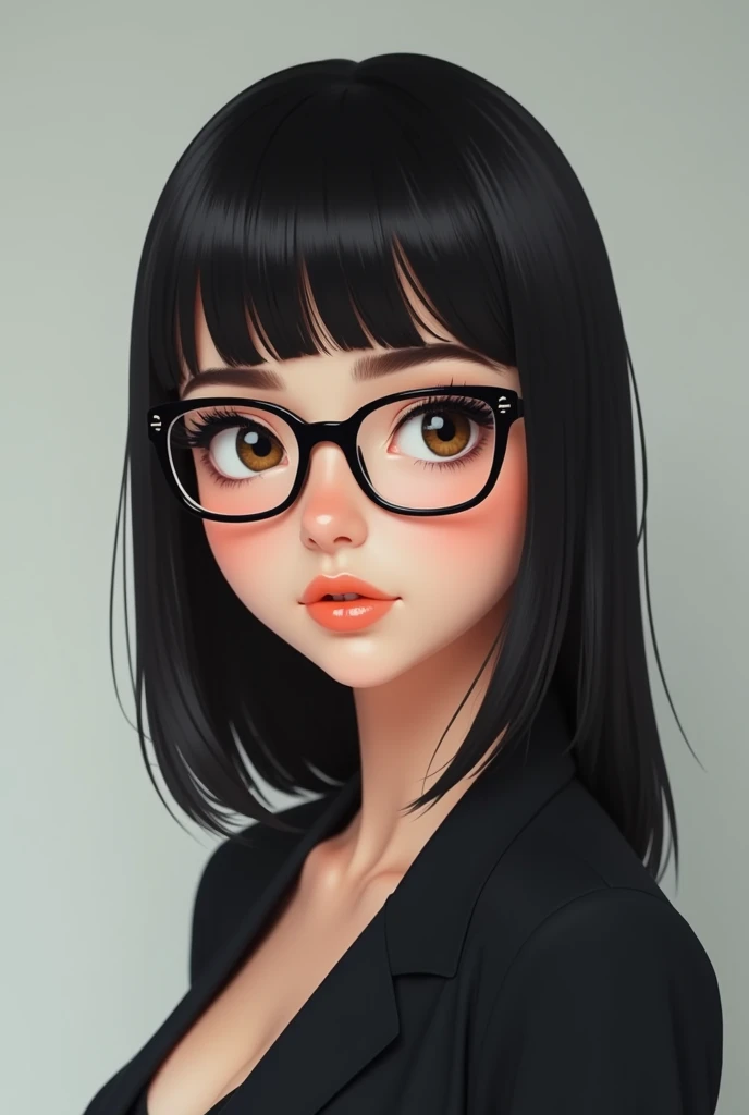 generate a white girl with black hair, with bangs, glasses, short, medium breast and medium ass.