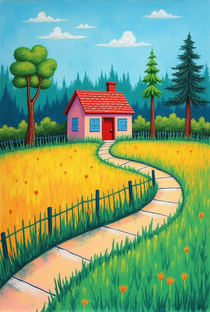 Background landscape with house, sidewalks, field and trees painted with crayons. Simple horizontal drawing to paint