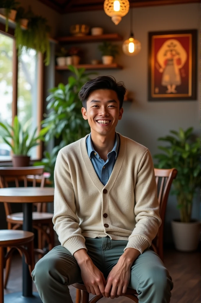 1 A smiling 20 year old Vietnamese man wearing long pants, shirt and sweater is sitting and posing for the camera in a Vietnamese coffee shop