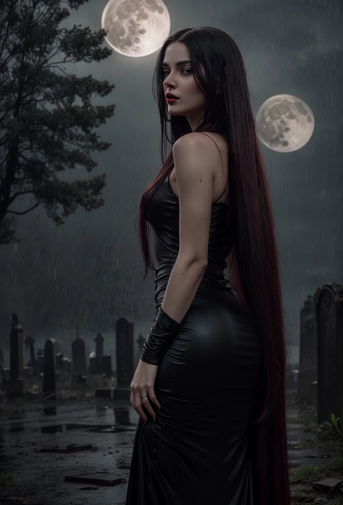 Artwork of a beautiful vampire woman with very red and chapped lips with tasting drops of blood in her mouth, has (((Long hair))) that reaches her waist, brown in color, wearing a long, tight black dress that highlights her slender figure, the environment is an abandoned cemetery (((very dark with full moon))) and gloomy in a (((rainy night))) High resolution image from waist to head very perfect and detailed