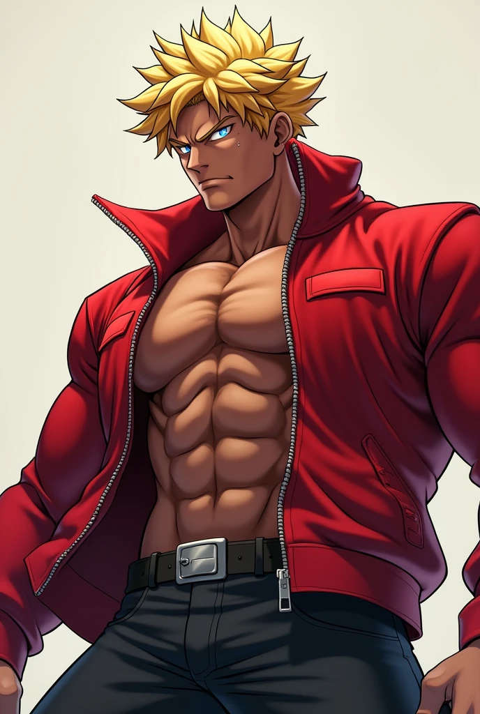 anime、Full body portrait、foot、muscle、Dark skin、Blonde、Red jacket