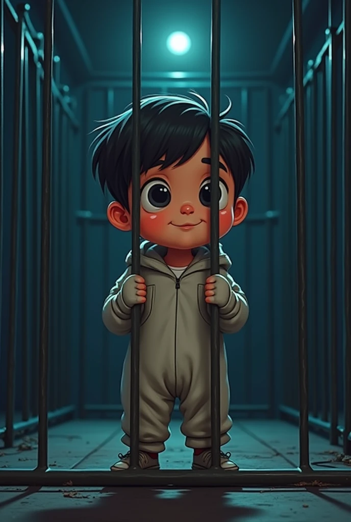 Cinematic cartoon style. comic art. TME0224 face, (((a baby boy, 4 year old))) in a funny night (((wearing a baggy onesie with hands in mittens))), (((inside a tiny closed cage behind bars))). cinematic lighting, drop shadow, masterpiece, UHD, anatomically correct, textured skin, super detail, high details, high quality, best quality, 4K, full body, standing