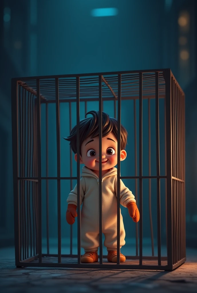 Cinematic cartoon style. comic art. TME0224 face, (((a baby boy, 4 year old))) in a funny night (((wearing a baggy onesie with hands in mittens))), (((inside a tiny closed cage behind bars))). cinematic lighting, drop shadow, masterpiece, UHD, anatomically correct, textured skin, super detail, high details, high quality, best quality, 4K, full body, standing