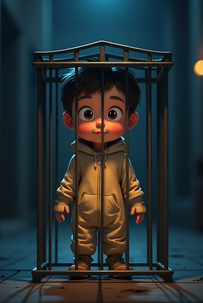 Cinematic cartoon style. comic art. TME0224 face, (((a baby boy, 4 year old))) in a funny night (((wearing a baggy onesie with hands in mittens))), (((inside a tiny closed cage behind bars))). cinematic lighting, drop shadow, masterpiece, UHD, anatomically correct, textured skin, super detail, high details, high quality, best quality, 4K, full body, standing