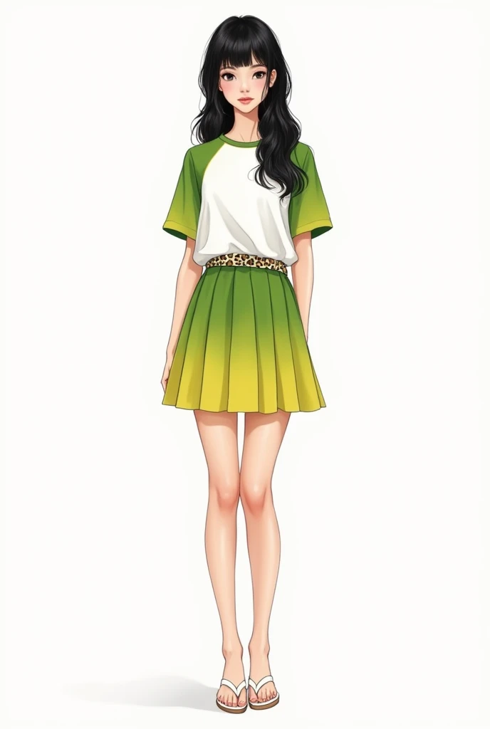 female fashion sketch with black hair. white baby tee blouse with matcha green details on the shoulders and sleeves. Short pleated skirt in matcha green with yellow gradient. belt with leopard print and white flip-flops on her feet.