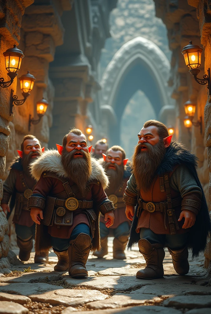 Group of young dwarves of small stature in Viking clothes and animal skin cloaks chatting animatedly in a corridor of an underground city.