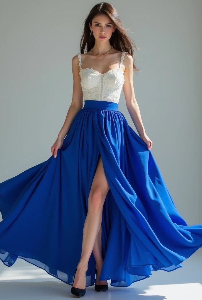 best quality,masterpiece,Ultra-high resolution,(actual:1.4),original photo,Ultra-high resolution,8k,woman,White skin,Sophisticated makeup,,royal blue skirt:1.5,,High heel,long legs,bright and beautiful,