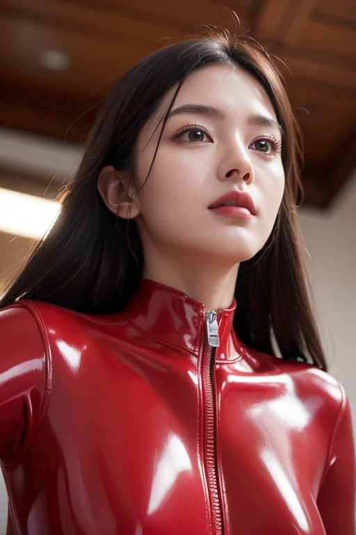 (RAW Photos:1.2)、Highest quality、Beautiful detailed girl、Tight red latex suit、Red latex bodysuit, Laughter、Highly detailed eyes and face、Beautiful and detailed、Large file size、High resolution、High resolution、More about 8k wallpaper、Highly detailed Ticker Uniform 8K Wallpaper、Light on the face、Cinema Lighting、16-year-old girl、Sexy pose、(Photorealism:1.4)、Raise your consciousness、Surrealism、 From below、Super Detail、masterpiece