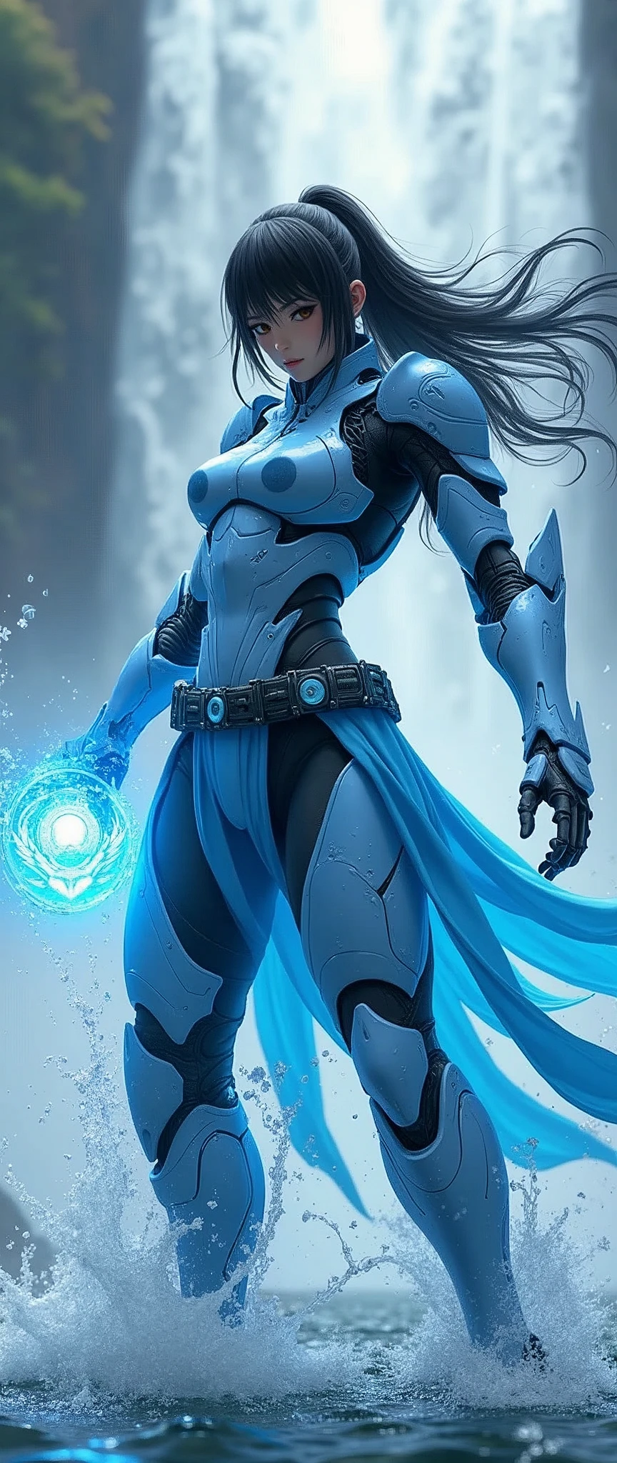 (masterpiece:1.2, Highest quality,High resolution,Super detailed),8k,wallpaper,(Very detailed),(Armored Core Style),Woman in ninja robot armor,Black Hair,Random Hairstyles,(Water Ninja),(Light blue body),(Detailed face:1.3),(Detailed body:1.3),((Cowboy Shot)),(The background is a huge water dragon and waterfall that has been summoned.:2.0),Hair blowing in the wind,cyber punk,(dynamic),(Preparing for battle,Store a ball of water energy in your palm.:2.0,The electronic parts of the armor glow.:1.6,Blue glowing eyes:1.6),(Detailed hands:1.6),(Flashy special move effects:2.0)