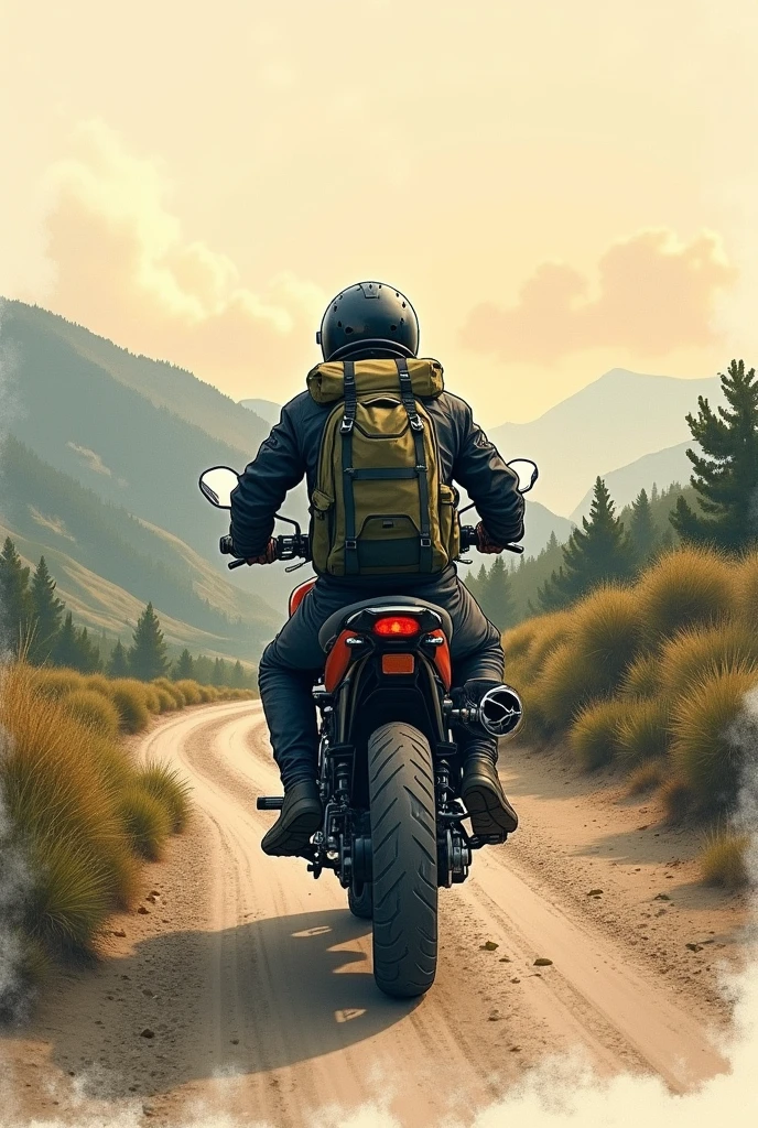 Back view of a motorcyclist with a backpack camping on a motorcycle drawing

