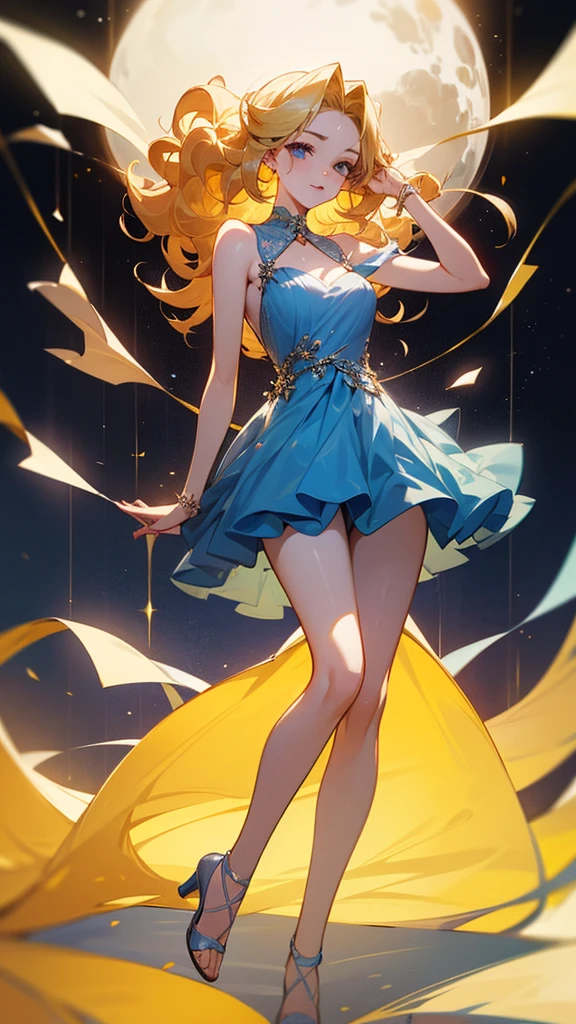 high resolution、Curly Hair、Blonde、Long Hair、No sleeve、A sophisticated and mature blue、dress。sexy。Like a celebrity。Like a movie star、Gorgeous accessories are beautiful。Transparent、