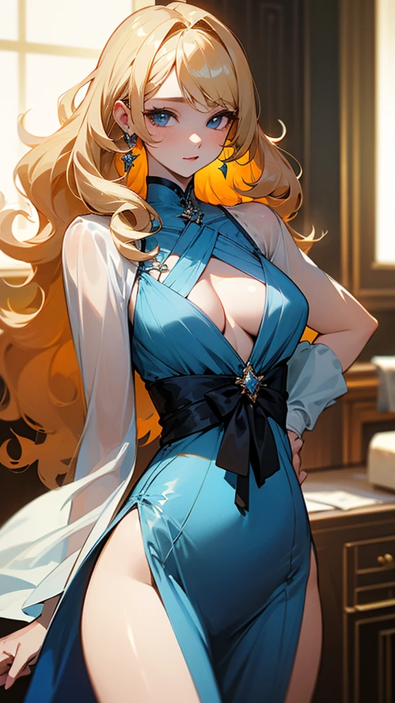 high resolution、Curly Hair、Blonde、Long Hair、No sleeve、A sophisticated and mature blue、dress。sexy。Like a celebrity。Like a movie star、Gorgeous accessories are beautiful。Transparent、