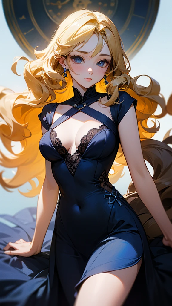 high resolution、Curly Hair、Blonde、Long Hair、No sleeve、A sophisticated and mature blue、dress。sexy。Like a celebrity。Like a movie star、Gorgeous accessories are beautiful。Transparent、