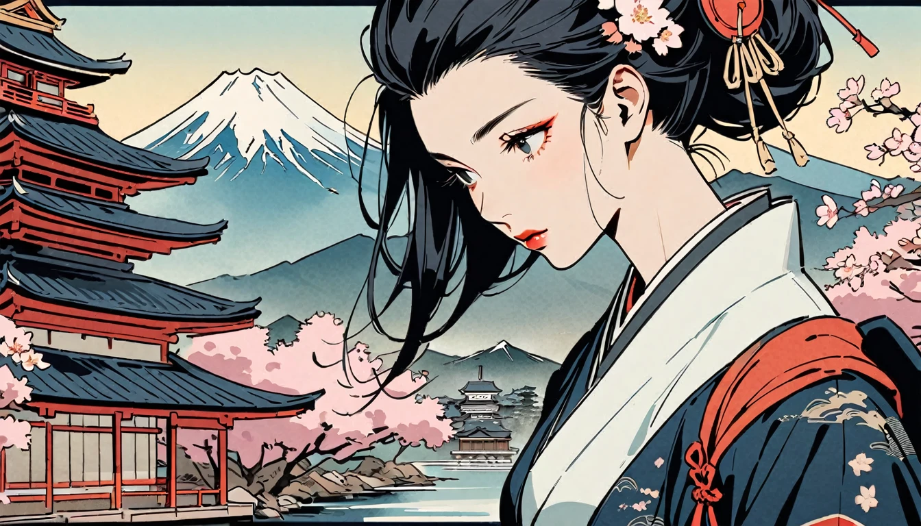  Japanese style headphones, Beautiful female samurai, Black Hair, Delicate and precise, Modern ukiyo-e style, cherry blossoms, Fuji Mountain, Japanese Temple