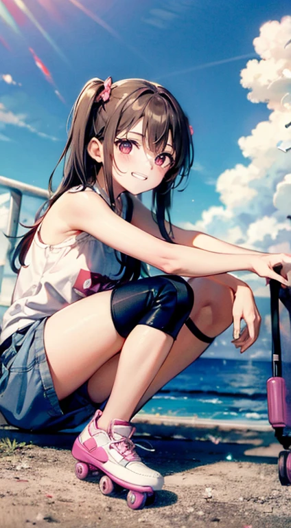 Highest quality、((Dark brown long hair、Two Side Up))、(((Pink Roller Blades、Knee and elbow protectors)))、Smiling cute girl、Cheerful pose、Round droopy eyes