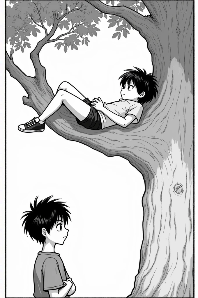 Create a black and white manga image of a boy with his arm crossed looking down on a boy lying on a tree and a girl complaining to the boy lying on the tree