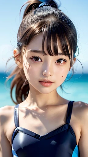 ((SFW:1.6)),(masterpiece, Highest quality:1.2), 8k, absurdes, (Upper Body:1.2), violet, Gardenia, beautiful girl, (Pretty face, Detailed face:1.2), Small 、 View your audience, Film Grain, chromatic aberration, Sharp focus, High resolution, Face Light,Small breasts years old,j girl,competitionswimsuit,(((Dark blue competitive swimsuit))),((smallface:1.3)),narroweyes,striaght high single ponytail hair, blunt bangs,smallbody