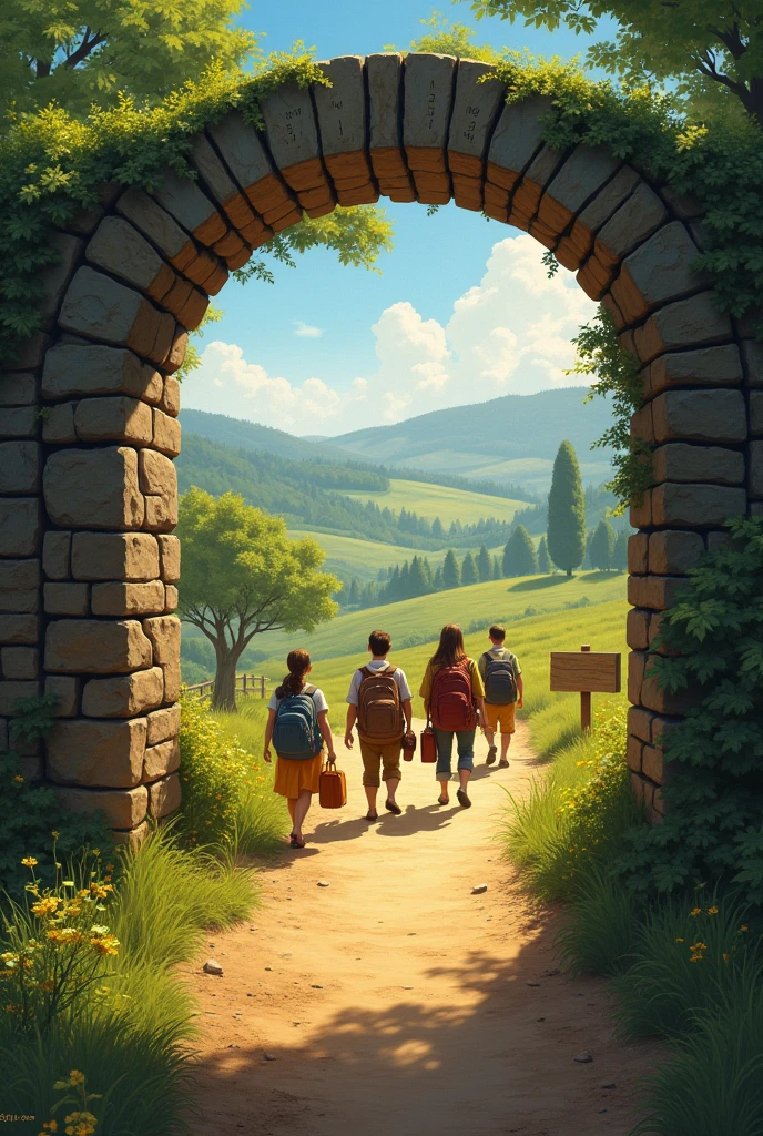 A farm with an illuminated path along which a group of people walk with backpacks on their shoulders and suitcases. On the path there is an empty wooden sign. The group of people are crossing a stone arch with engraved dates 1999 - 2024.