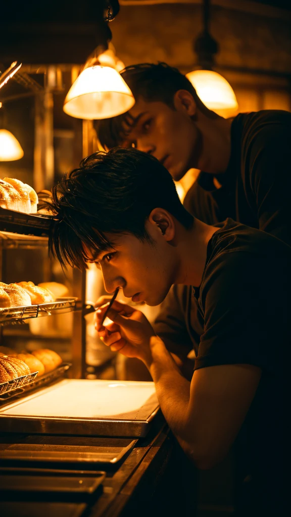 1 boy struggling with his sexuality,1 boy is gay,cafe,bakery,restaurant,lovers to enemies,half japanese half chinese boy,puerto rican,cinematic lighting,dramatic atmosphere,best quality,8k,highres,masterpiece,ultra-detailed,realistic,photorealistic,photo-realistic,highly detailed faces,beautiful eyes,beautiful lips,beautiful skin,intricate details,atmospheric,moody,dramatic,chiaroscuro lighting,warm color palette,cinematic composition