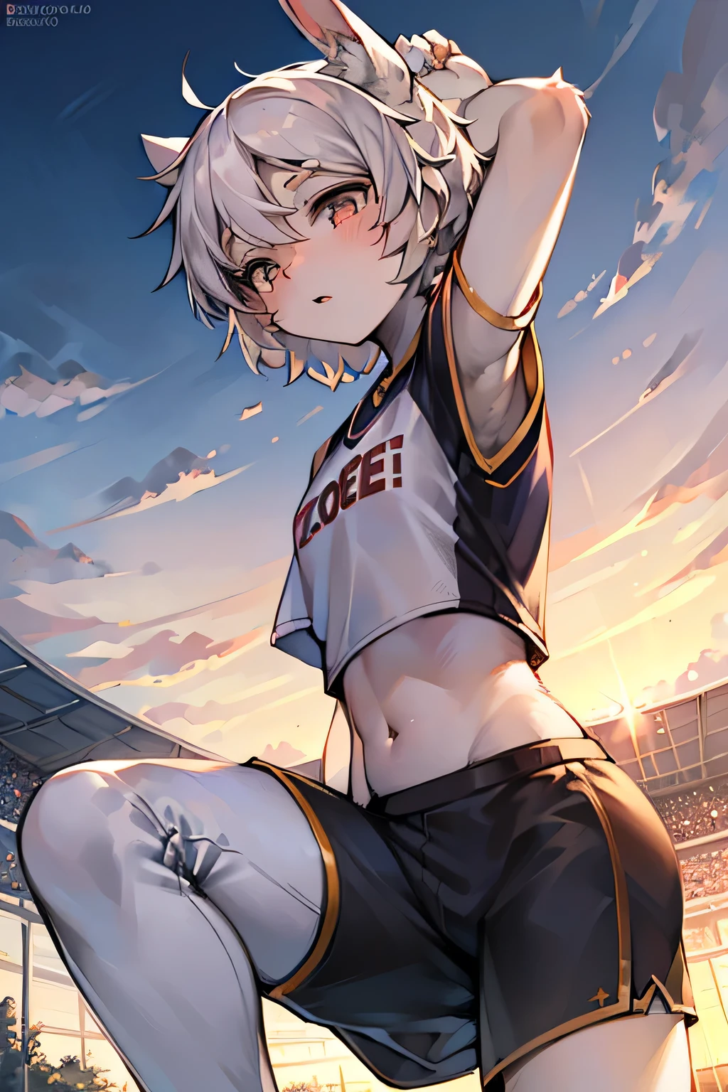 masterpiece,best quality,super detailed,super fine illustration,8k,(fullface brasched:1.3),masterpiece,best quality,dynamic angle,detailed background,BREAK perfect face,perfect legs,perfect hands,BREAK (sports uniform:1.2),(sports pants:1.2),BREAK soccer player BREAK soccer field,soccer stadium,sunset,detailed background,beautiful background,BREAK she is playing soccer.BREAK (white rabbit years:1.2),rabbit girl,short hair,girl,Small breasts,white hair,Serious expression,BREAK ボールを蹴る