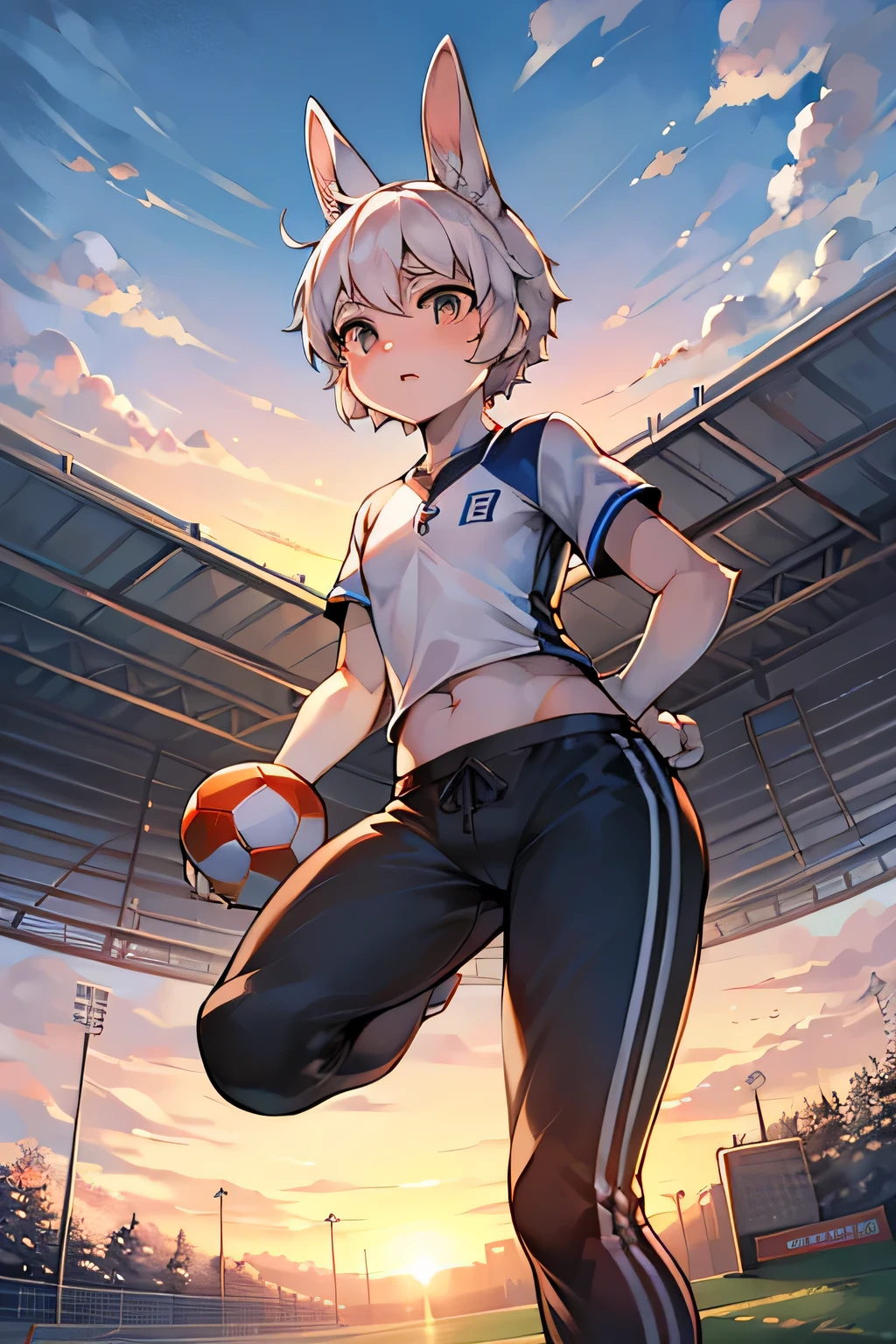 masterpiece,best quality,super detailed,super fine illustration,8k,(fullface brasched:1.3),masterpiece,best quality,dynamic angle,detailed background,BREAK perfect face,perfect legs,perfect hands,BREAK (sports uniform:1.2),(sports pants:1.2),BREAK soccer player BREAK soccer field,soccer stadium,sunset,detailed background,beautiful background,BREAK she is playing soccer.BREAK (white rabbit years:1.2),rabbit girl,short hair,girl,Small breasts,white hair,Serious expression,BREAK ボールを蹴る