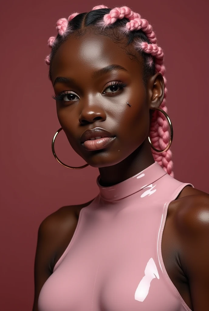 nigerian woman, young, naked, pink african braids, septum piercing, face tatoos, dimples, thick belt around neck, naughty expression, light pink shiny latex bodysuit, close-up, UHD, retina, masterpiece, accurate, anatomically correct, textured skin, super detail, high details, high quality, award winning, best quality, highres