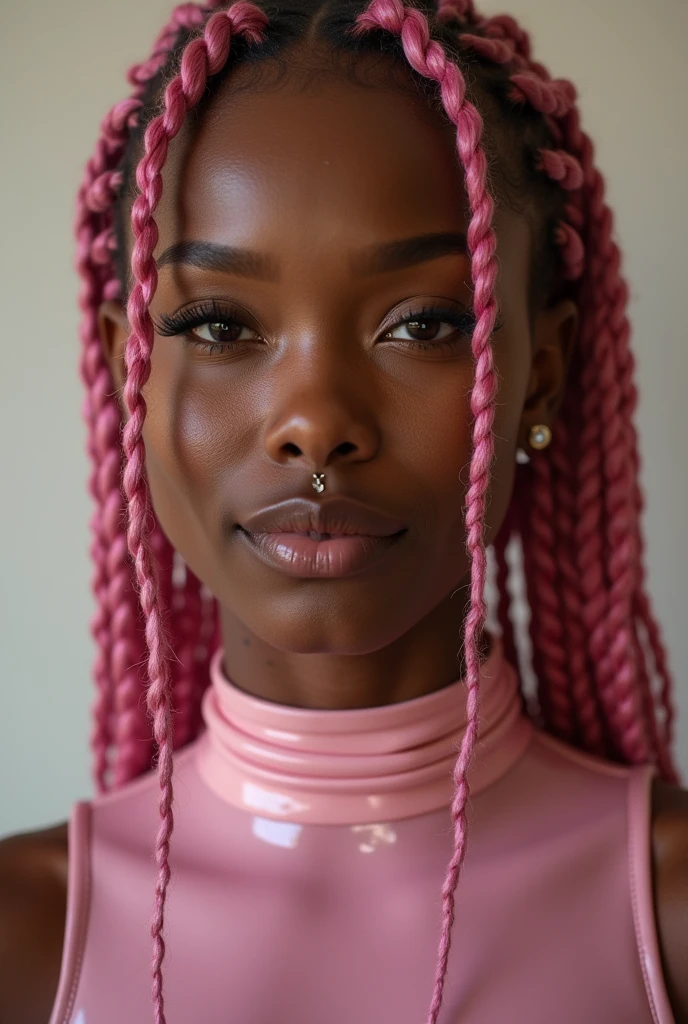 nigerian woman, young, naked, pink african braids, septum piercing, face tatoos, dimples, thick belt around neck, naughty expression, light pink shiny latex bodysuit, close-up, UHD, retina, masterpiece, accurate, anatomically correct, textured skin, super detail, high details, high quality, award winning, best quality, highres