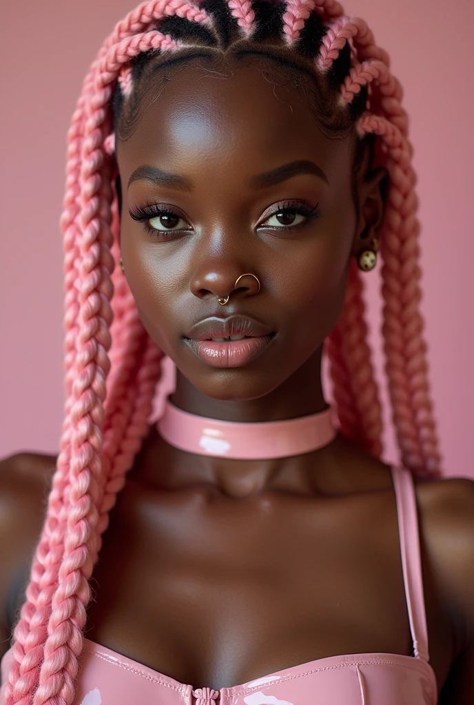 nigerian woman, young, naked, pink african braids, septum piercing, face tatoos, dimples, thick belt around neck, naughty expression, light pink shiny latex bodysuit, close-up, UHD, retina, masterpiece, accurate, anatomically correct, textured skin, super detail, high details, high quality, award winning, best quality, highres