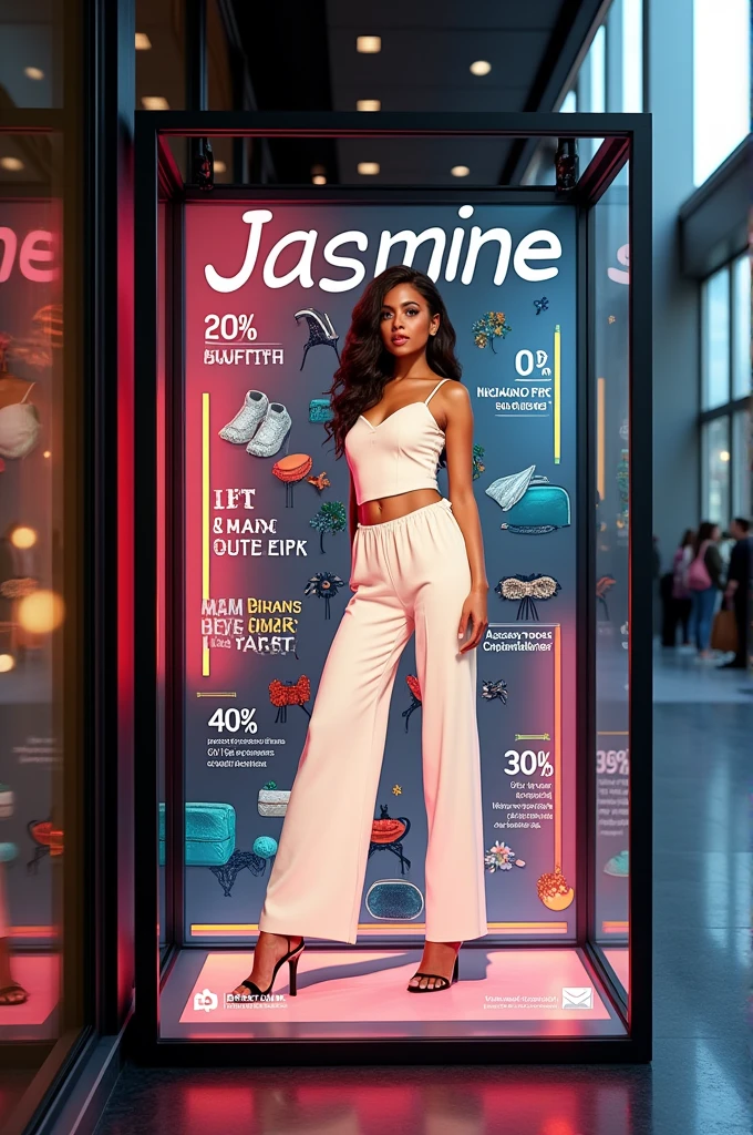 Advertising sign for a shoe and fashion novelty store called Jasmine where the clothes can be seen