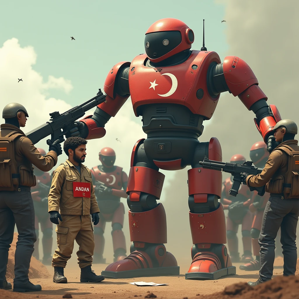 a realistic humanoid machine, holding a large gun in one hand, surrounded by medium-sized humanoid machines,
the medium-sized machines are holding a gun and pointing it at the large machine,
the large machine is ignoring them, the large machine has a small Turkish flag on its chest, the medium-sized Arab machine is standing in front of the large machine, the Arab machine has a large note on its clothing, the large machine is patting the Arab machine's head with its other hand, the Arab machine's note says ''ADNAN'' in capital letters