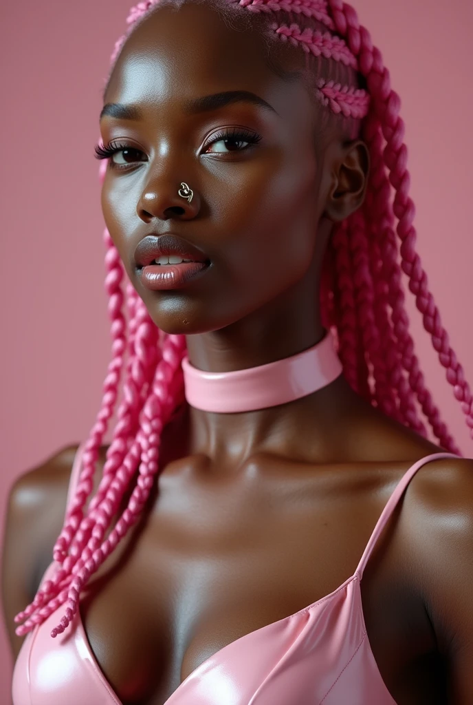nigerian woman, young, naked, pink african braids, septum piercing, face tatoos, dimples, thick belt around neck, naughty expression, light pink shiny latex bodysuit, close-up, UHD, retina, masterpiece, accurate, anatomically correct, textured skin, super detail, high details, high quality, award winning, best quality, highres