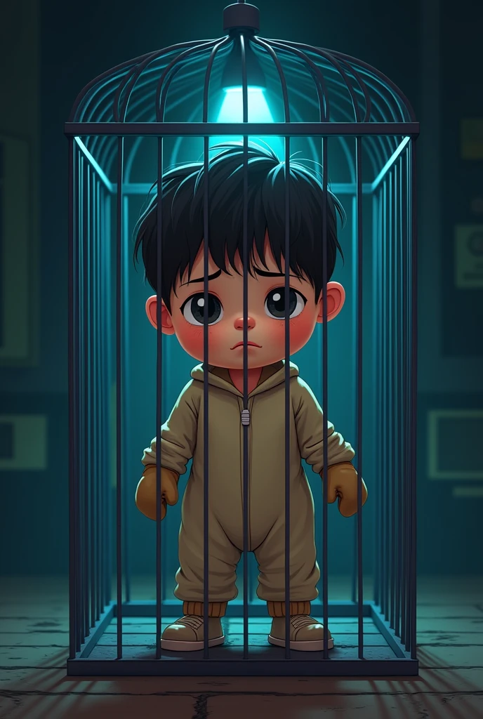 Cinematic cartoon style. comic art. TME0224 face, sad expression, (((a baby boy, 4 year old))) in a funny night (((wearing a baggy onesie with hands in mittens))), (((inside a tiny closed cage behind bars))). cinematic lighting, drop shadow, masterpiece, UHD, anatomically correct, textured skin, super detail, high details, high quality, best quality, 4K, full body, standing