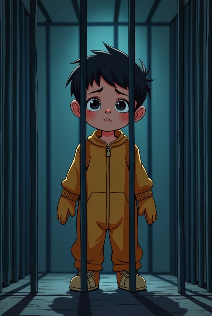 Cinematic cartoon style. comic art. TME0224 face, sad expression, (((a baby boy, 4 year old))) in a funny night (((wearing a baggy onesie with hands in mittens))), (((inside a tiny closed cage behind bars))). cinematic lighting, drop shadow, masterpiece, UHD, anatomically correct, textured skin, super detail, high details, high quality, best quality, 4K, full body, standing