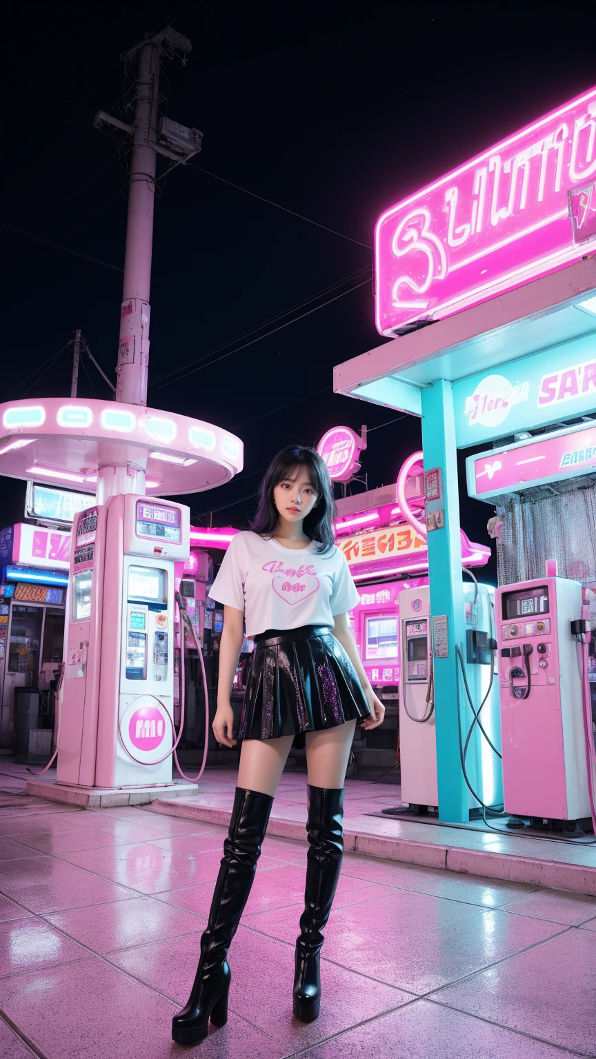 A young woman in a futuristic, sparkly outfit stands confidently amidst a surreal, neon-lit gas station. The gas pumps, adorned with stars, are suspended in mid-air, their hoses swaying playfully. The scene is drenched in vibrant pink and purple hues, creating a hyperrealistic and otherworldly atmosphere, pretty little thing skirt, pink heart boots, cute pink and white strawberry top, unusual fashion choices, black hair