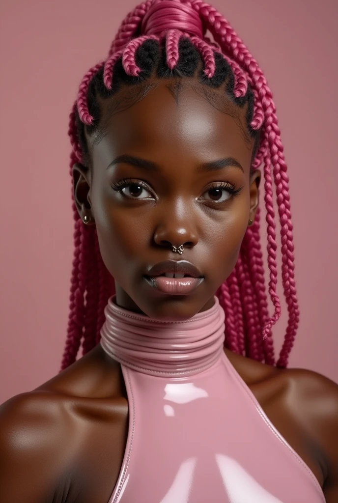 nigerian woman, young, naked, pink african braids, septum piercing, face tatoos, dimples, thick belt around neck, naughty expression, light pink shiny latex bodysuit, close-up, UHD, retina, masterpiece, accurate, anatomically correct, textured skin, super detail, high details, high quality, award winning, best quality, highres