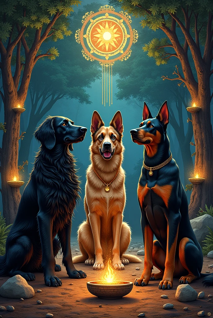 A picture of 1 male black cocker spaniel, 1 female German Shepherd, 1 small brown cocker spaniel, 1 female Doberman make it like pre-Hispanic Mictlan