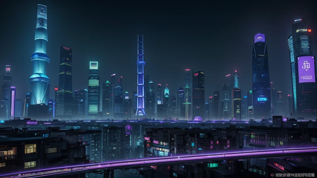 Create the image of Shanghai as a futuristic city, distopic, cyberpunk. under the rain, full of buildings of very stylized designs, in blue tones, violets and greens. 8k, bokeh, hyperrealistic, Long shutter style.