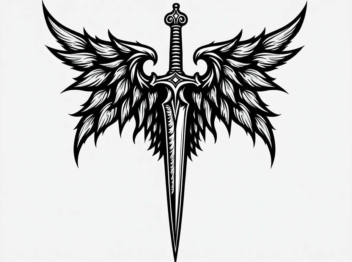 A stylized illustration featuring two daggers forming the shape of an 'A'. Each dagger is symmetrically positioned to resemble the structure of a letter 'A'. The daggers have intricate, ornate handles with sharp, gleaming blades. Surrounding the daggers are wings similar to those of a bird, adding a sense of power and freedom to the design. The style is reminiscent of dark fantasy or gothic art.
