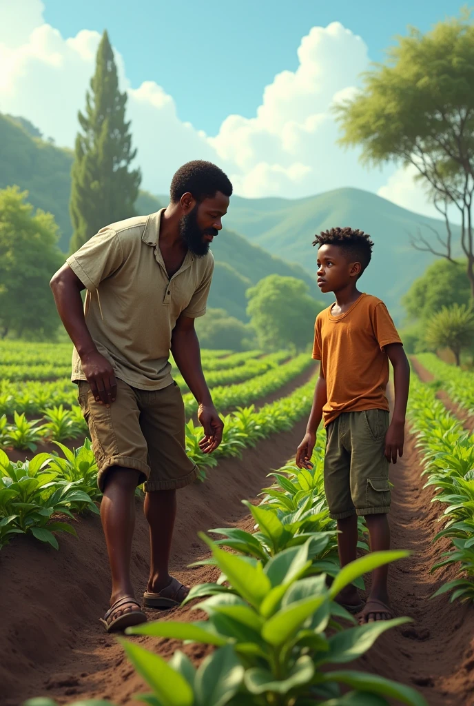 African parents working in farmer heir young boy standing seeing them