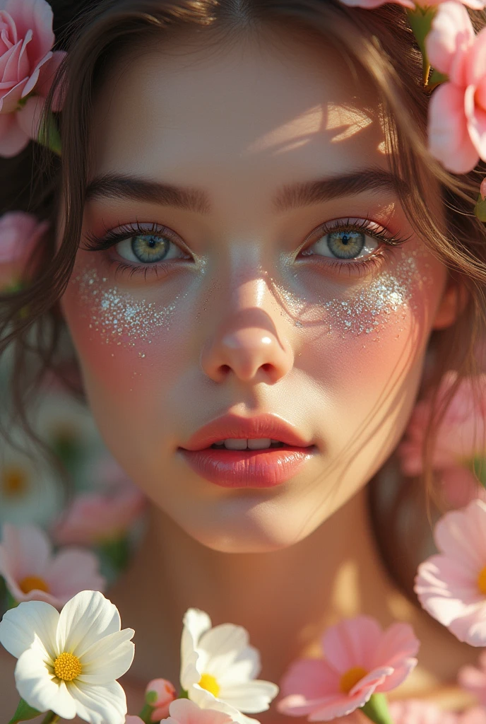 Perfect Face,beautiful girl,Wrapped in flowers,Light pink eyeshadow,Glitter on the under-eye bags,Overlip,Pink Lips,highlight,Glittering glitter,Face glitter