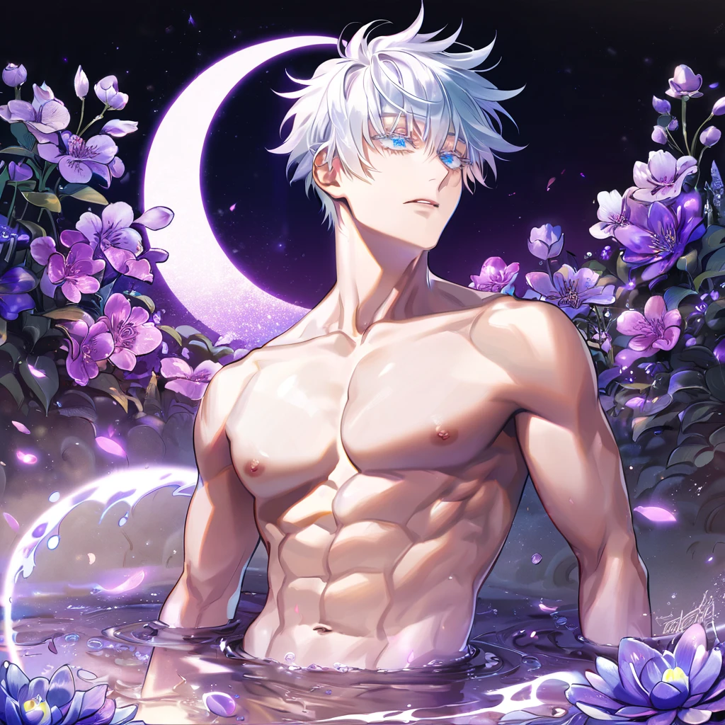 absurdres, highres, ultra detailed, HDR, master piece, Gojou Satoru, white hair with bangs, expressive blue eyes, white eyelashes, without shirt, bare chest, toned chest, Jujutsu Kaisen, sexy man, handsome, best quality, purple glittering crescent moon, purple flowers, fantasy, magical, solo, water, purple shining fireflies, purple petals, purple fire, sensual, horny,