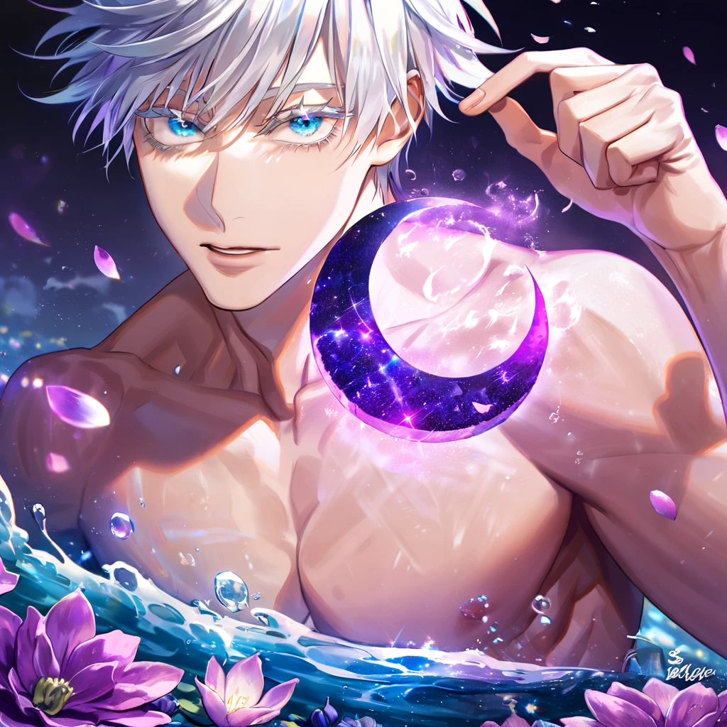 absurdres, highres, ultra detailed, HDR, master piece, Gojou Satoru, white hair with bangs, expressive blue eyes, white eyelashes, without shirt, bare chest, toned chest, Jujutsu Kaisen, sexy man, handsome, best quality, purple glittering crescent moon, purple flowers, fantasy, magical, solo, water, purple shining fireflies, purple petals, purple fire, sensual, horny,