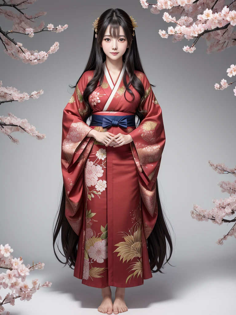 A highly detailed and vibrant full-body image of an adult Japanese anime female character. She has long, flowing black hair with soft waves, and her expressive, large brown eyes are full of emotion. She is wearing a traditional yet modern kimono with intricate patterns in shades of deep red and gold, and the fabric flows elegantly around her. The character is depicted from head to toe, with no cuts, showing her full figure. The background is a beautiful blend of cherry blossoms in full bloom, with soft petals falling around her, giving the scene a serene and magical atmosphere. The art style is typical of high-quality Japanese anime, with fine linework and vivid colors.