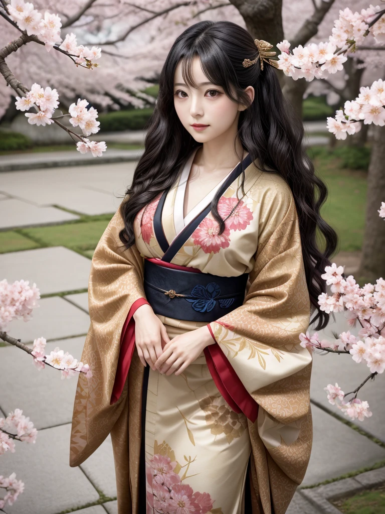 A highly detailed and vibrant full-body image of an adult Japanese anime female character. She has long, flowing black hair with soft waves, and her expressive, large brown eyes are full of emotion. She is wearing a traditional yet modern kimono with intricate patterns in shades of deep red and gold, and the fabric flows elegantly around her. The character is depicted from head to toe, with no cuts, showing her full figure. The background is a beautiful blend of cherry blossoms in full bloom, with soft petals falling around her, giving the scene a serene and magical atmosphere. The art style is typical of high-quality Japanese anime, with fine linework and vivid colors.