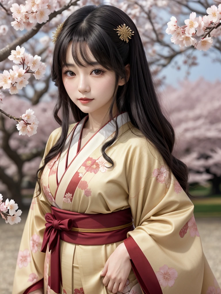 A highly detailed and vibrant full-body image of an adult Japanese anime female character. She has long, flowing black hair with soft waves, and her expressive, large brown eyes are full of emotion. She is wearing a traditional yet modern kimono with intricate patterns in shades of deep red and gold, and the fabric flows elegantly around her. The character is depicted from head to toe, with no cuts, showing her full figure. The background is a beautiful blend of cherry blossoms in full bloom, with soft petals falling around her, giving the scene a serene and magical atmosphere. The art style is typical of high-quality Japanese anime, with fine linework and vivid colors.
